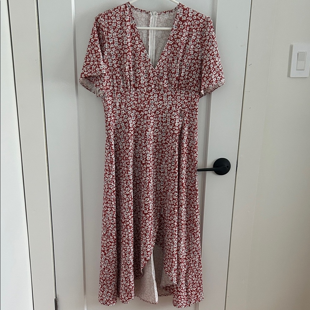 Floral V-Neck Red Dress
